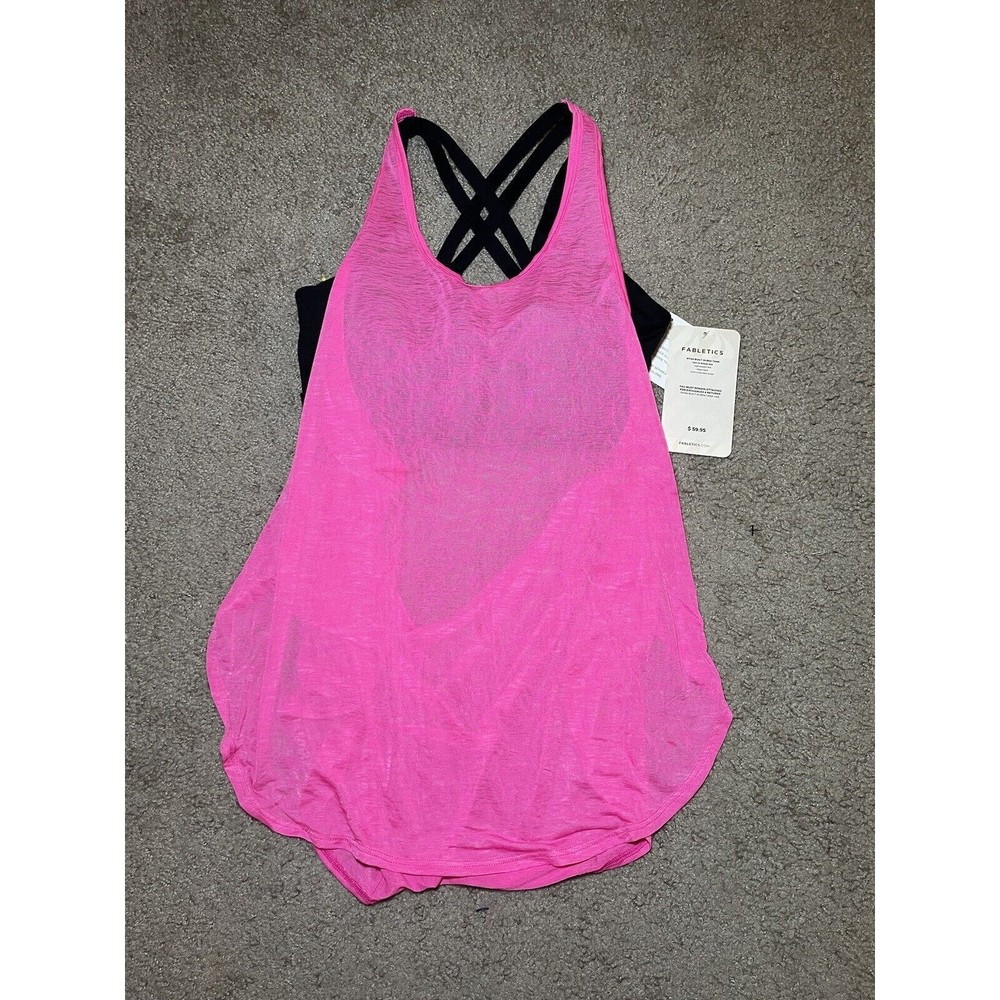 Fabletics Ryan Built-In Bra Sheer Tank Top Pink and Black Size Small Womens NWT
